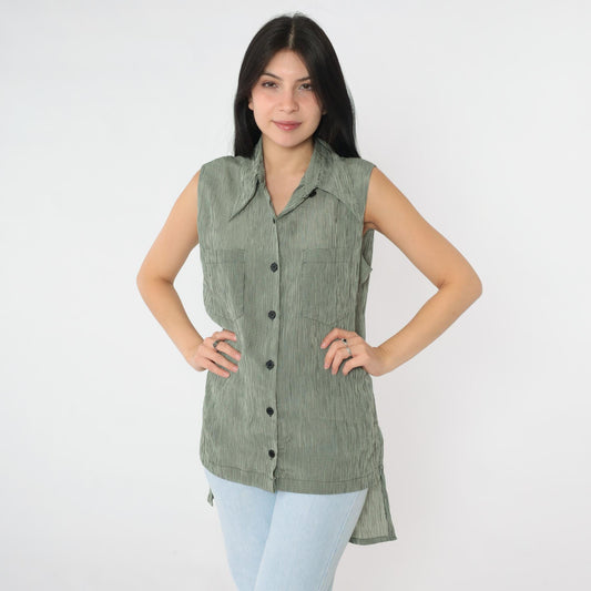 90s Marianna Black Cream Checkered Sleeveless Blouse Long Tail Button Up Large