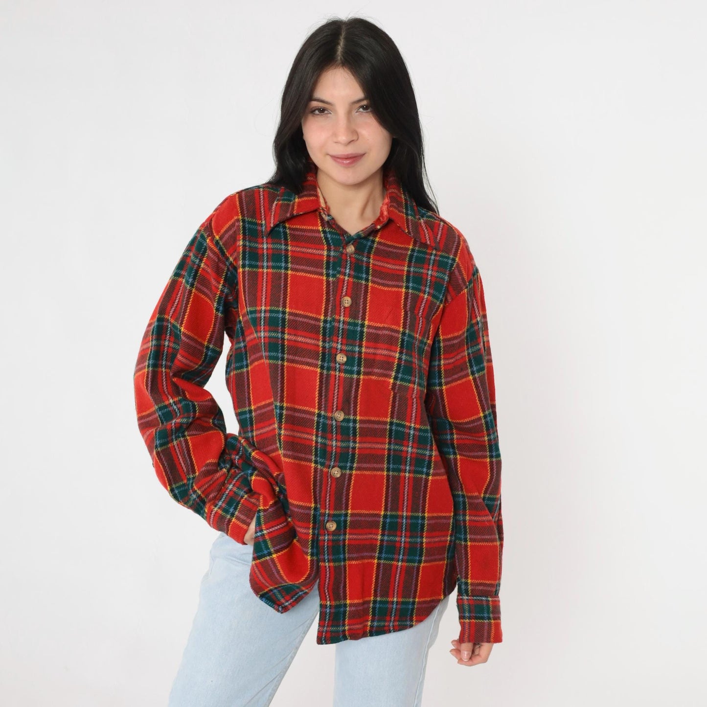 70s Red Plaid Wool Shirt Button Up Long Sleeve Tartan Large
