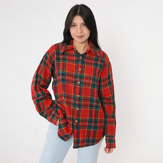 70s Red Plaid Wool Shirt Button Up Long Sleeve Tartan Large