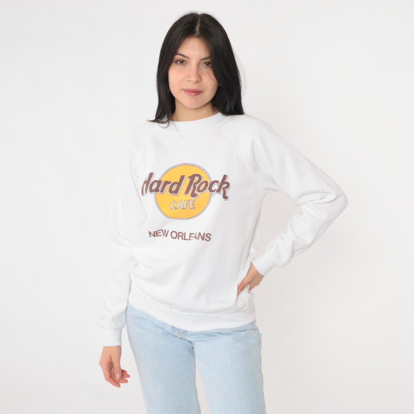 90s Hard Rock Cafe New Orleans Raglan Sweatshirt White Graphic Small