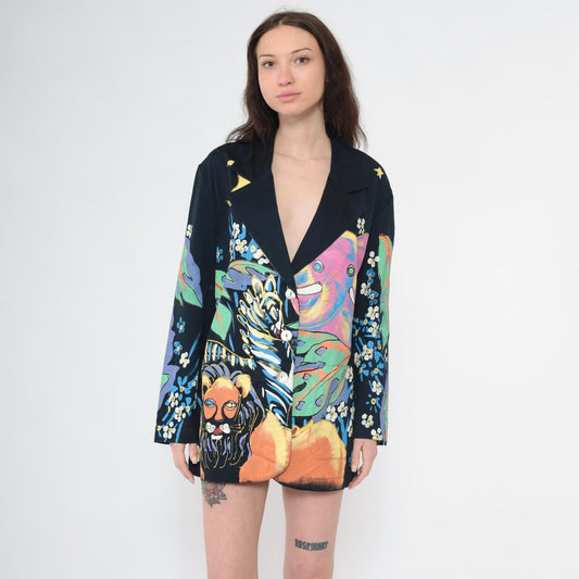 90s Kolorway Painted Jungle Animal Blazer Cotton Lion Zebra Medium M