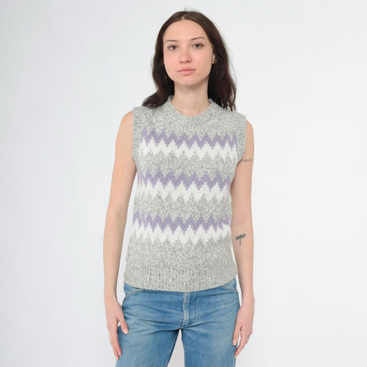 80s Grey Wool Blend Sweater Vest Lavender White Zig Zag Knit Crewneck Extra Small