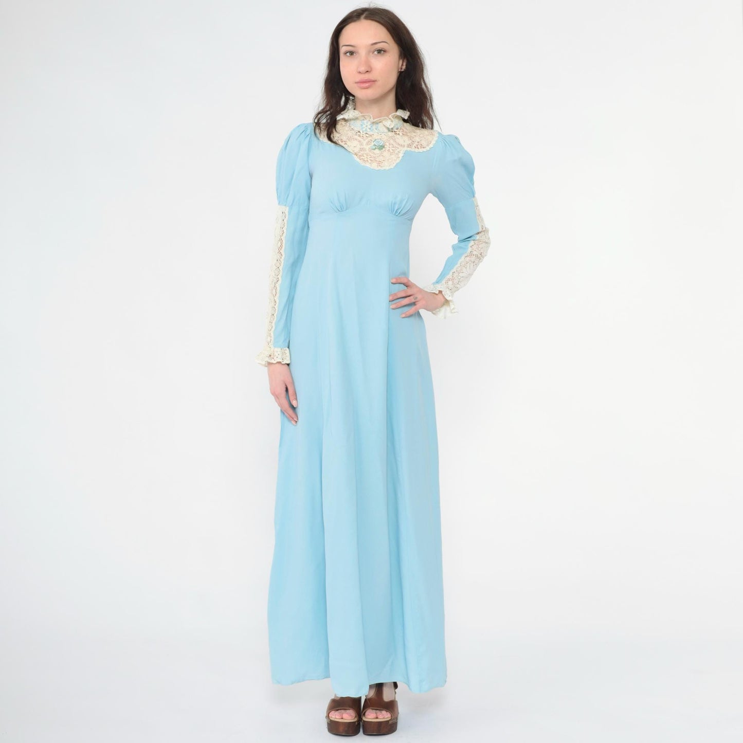 70s Light Blue Maxi Dress Lace Yoke Puff Sleeve High Neck Empire Waist Extra Small