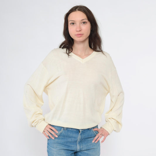 80s Izod Lacoste Cream Wool Blend V-Neck Sweater Pullover Medium