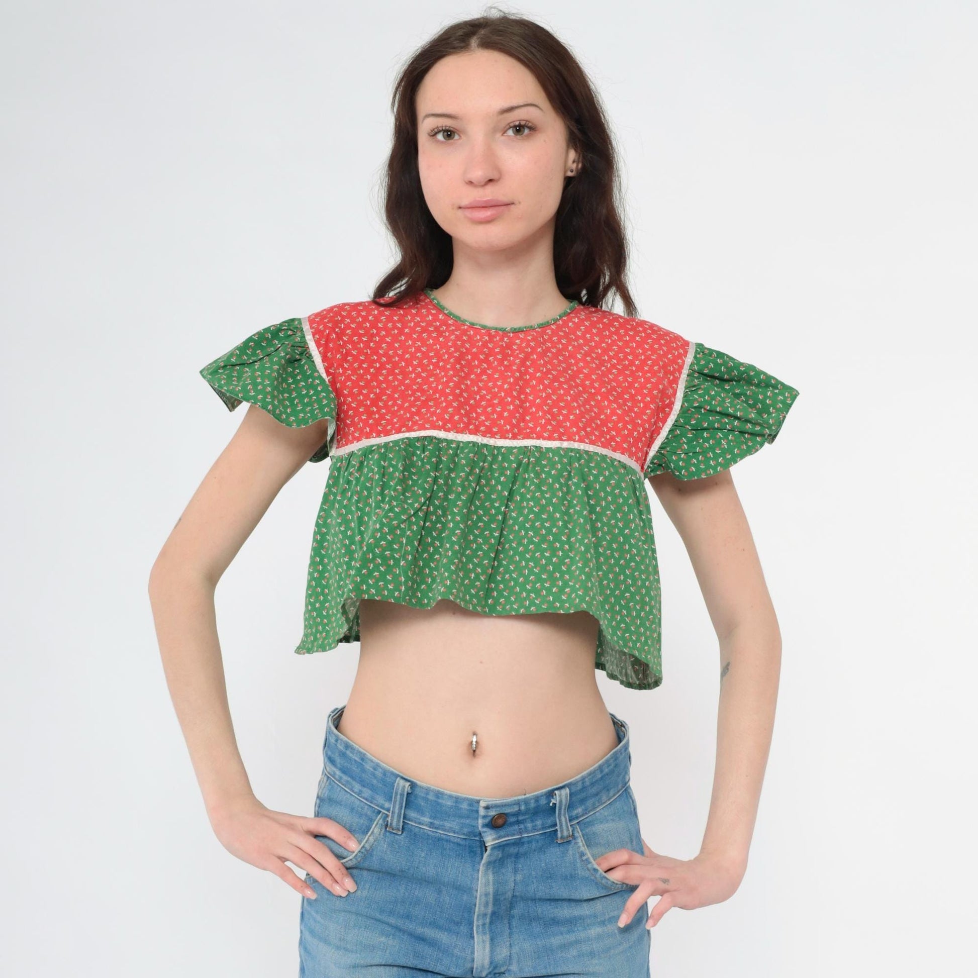 70s Red Green Calico Floral Peasant Blouse Crop Top Flutter Sleeve Small