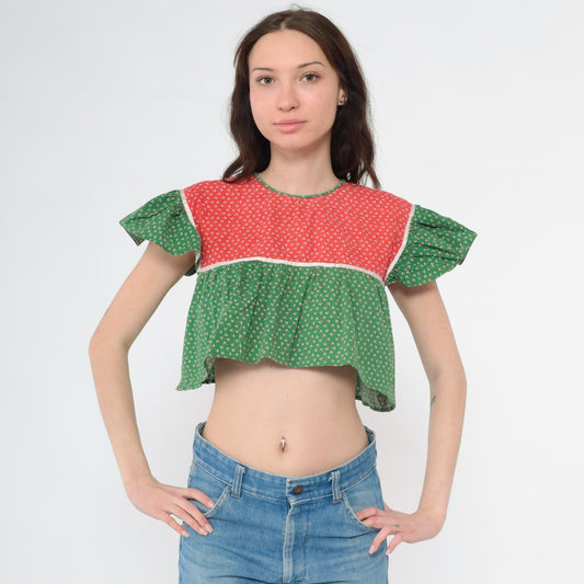 70s Red Green Calico Floral Peasant Blouse Crop Top Flutter Sleeve Small