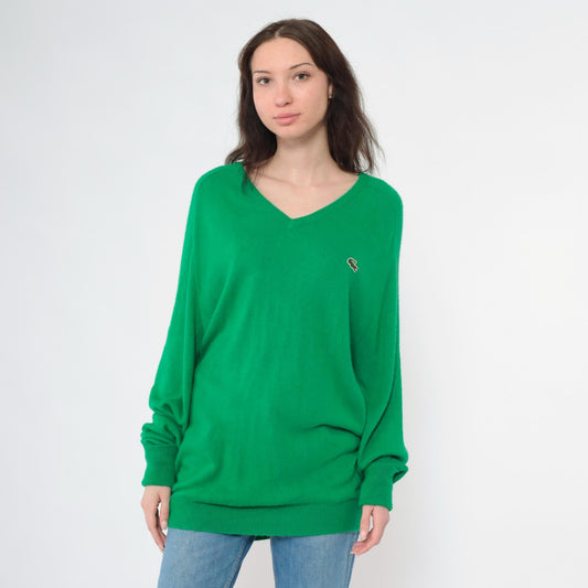 80s Izod Lacoste Green V-Neck Sweater Crocodile Logo Pullover Large L