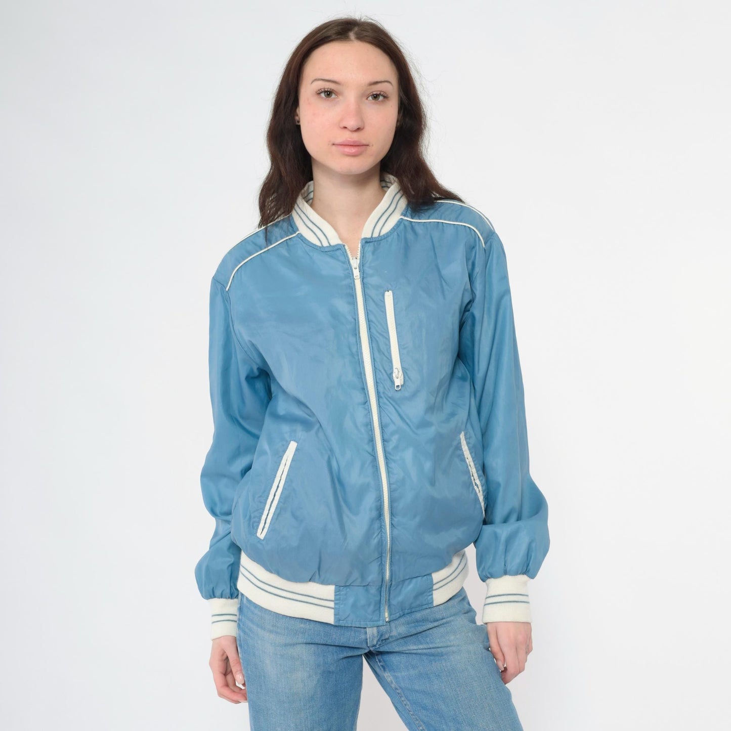 80s Reversible Windbreaker Jacket Blue White Color Block Bomber Medium