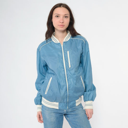 80s Reversible Windbreaker Jacket Blue White Color Block Bomber Medium