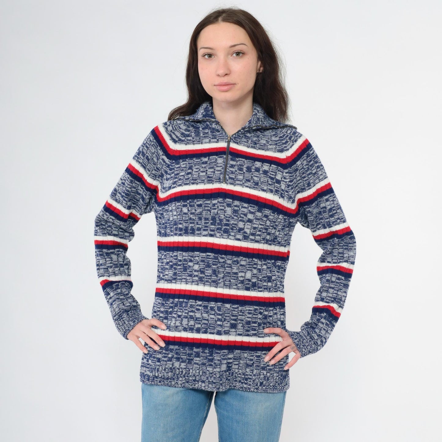 70s Space Dye Striped Quarter Zip Sweater Blue Red White Knit Small