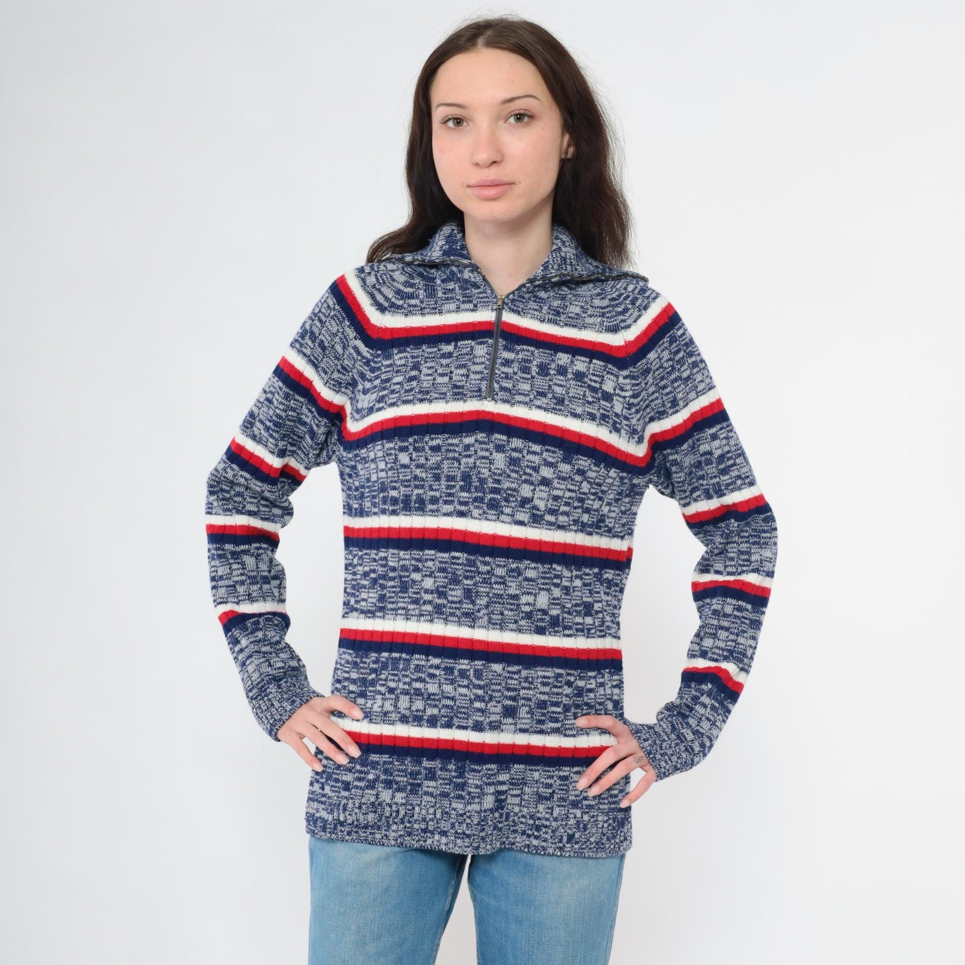 70s Space Dye Striped Quarter Zip Sweater Blue Red White Knit Small