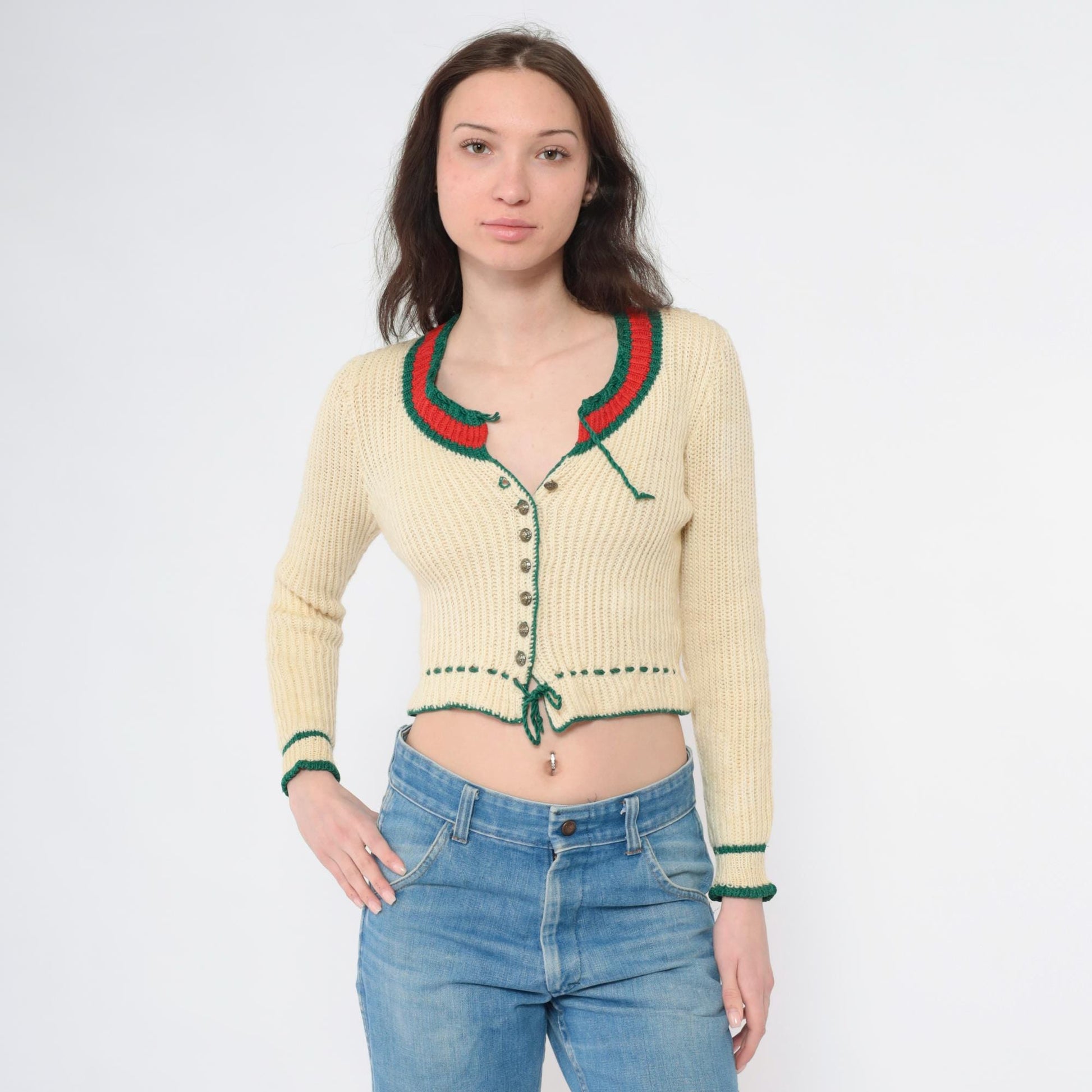 70s Cream Knit Cardigan Cropped Alpine Folk Red Green Trim Extra Small