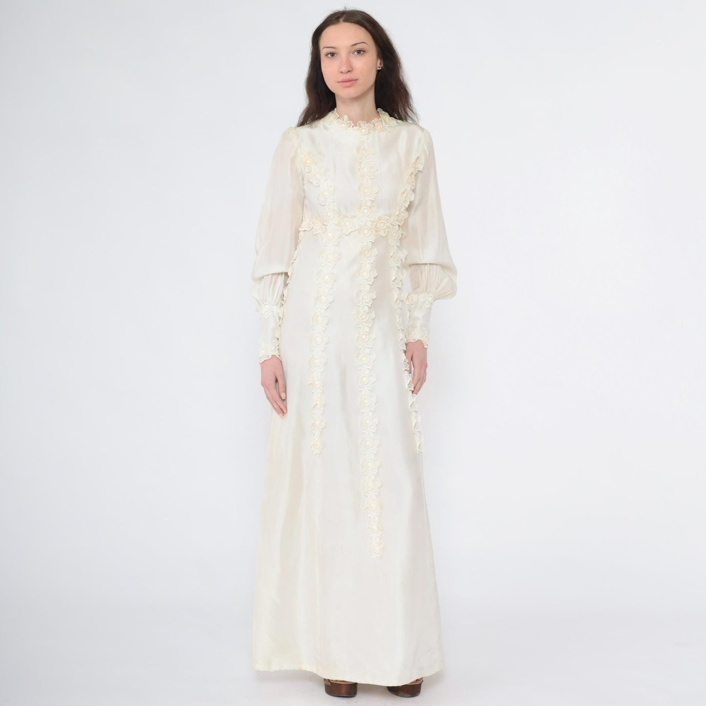 1960s Ivory Satin Wedding Dress Empire Waist Bishop Sleeve Floral Appliqué Extra Small