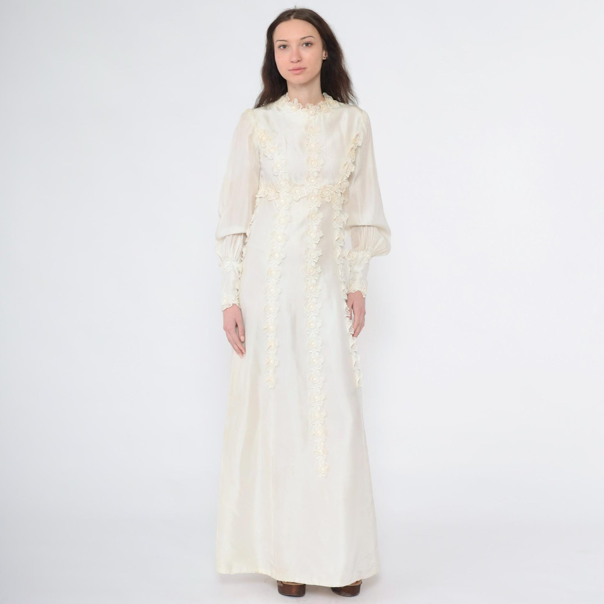 1960s Ivory Satin Wedding Dress Empire Waist Bishop Sleeve Floral Appliqué Extra Small