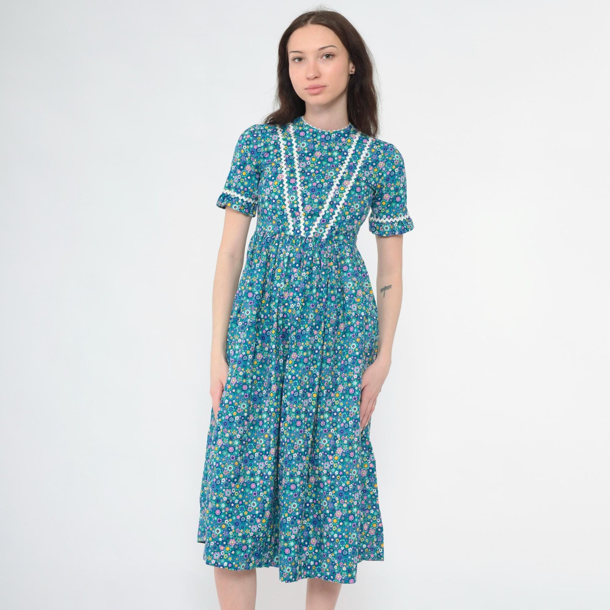 1960s Blue Floral Midi Dress Empire Waist Ruffled Short Sleeve XXS