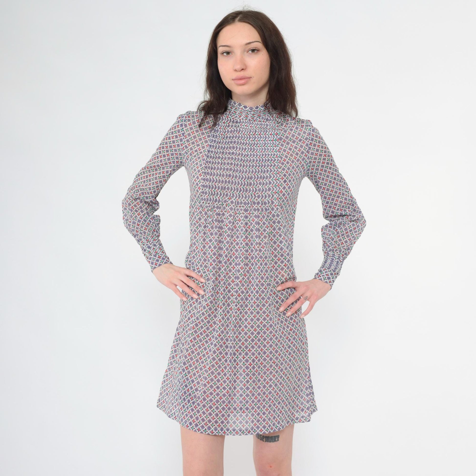 70s Purple Floral Abstract Shift Dress Pintuck Pleated Bib Long Sleeve Mini Extra Small