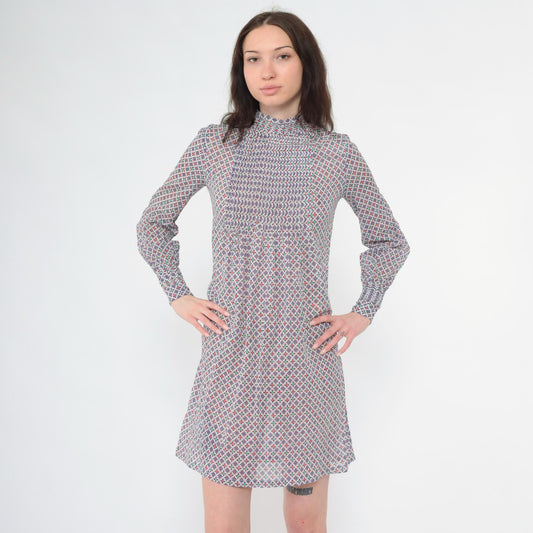 70s Purple Floral Abstract Shift Dress Pintuck Pleated Bib Long Sleeve Mini Extra Small
