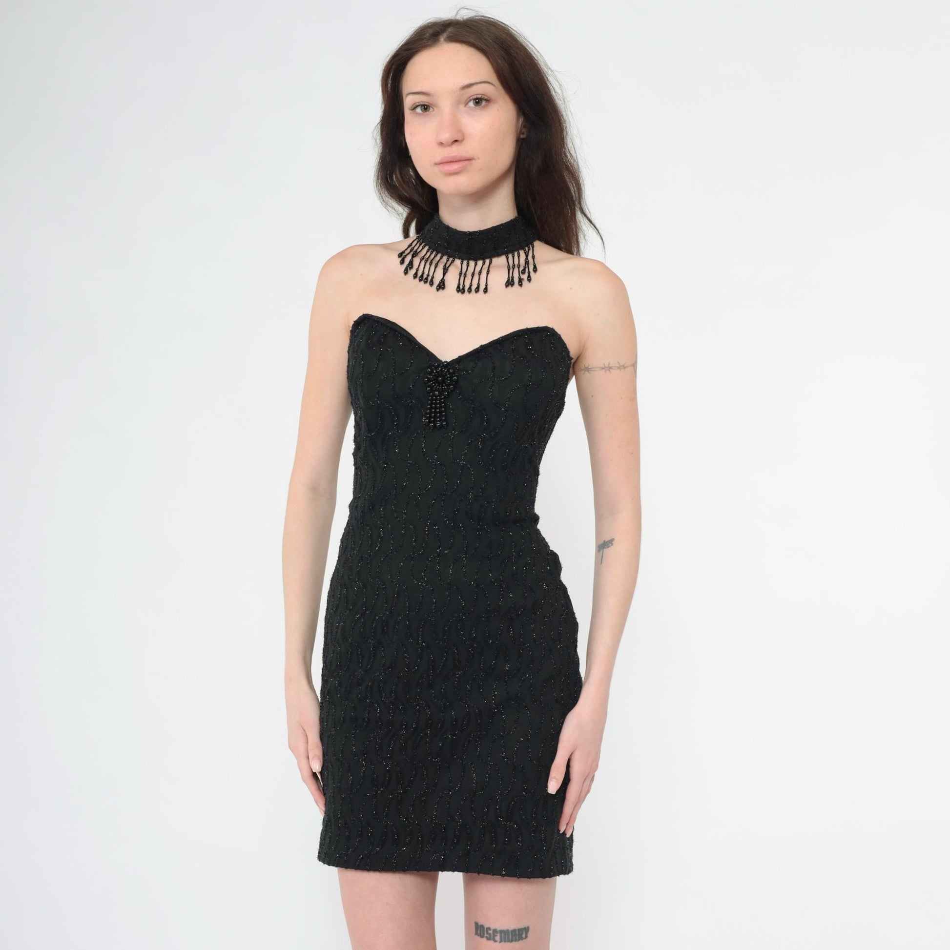 90s Black Beaded Lace Cocktail Dress Choker Neck Open Back Mini Small