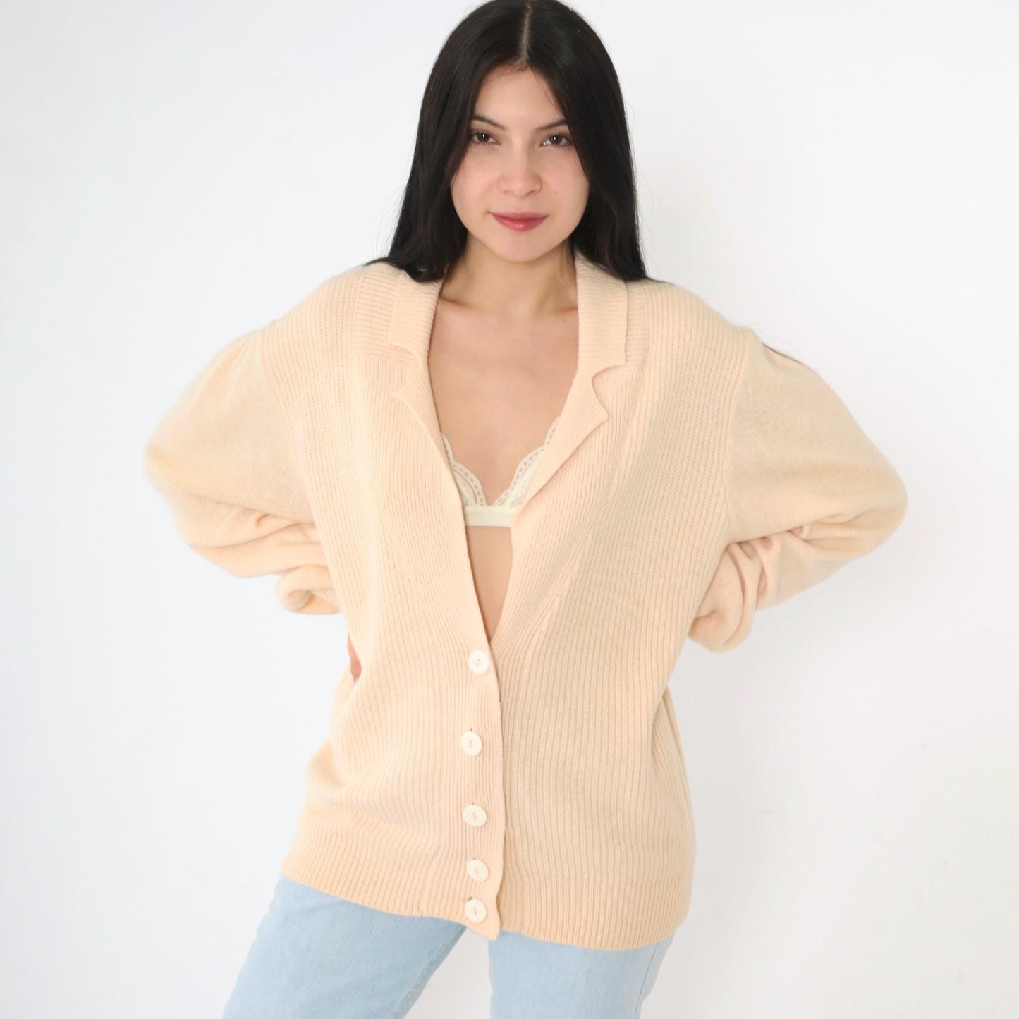 80s Peach Wool Angora Cardigan Deep V Neck Ribbed Button Up Medium