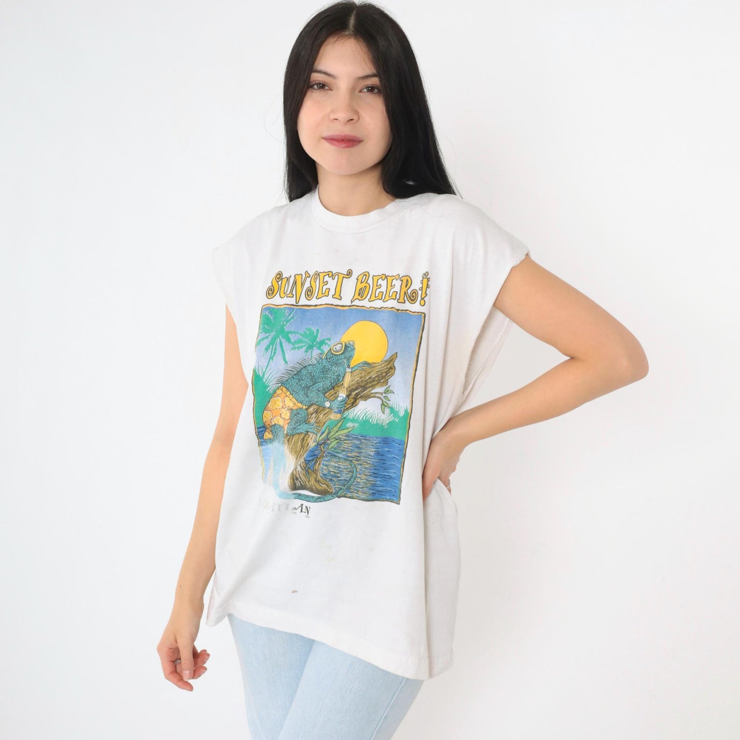 90s Sunset Beer Mazatlán Iguana Graphic Muscle Tank Large L