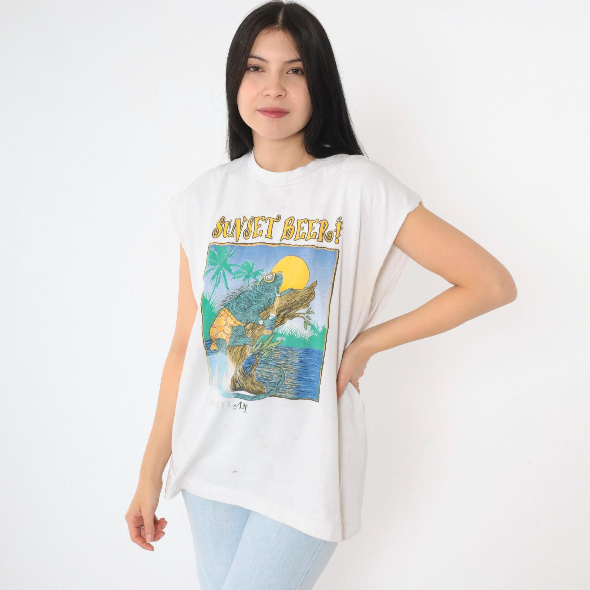 90s Sunset Beer Mazatlán Iguana Graphic Muscle Tank Large L