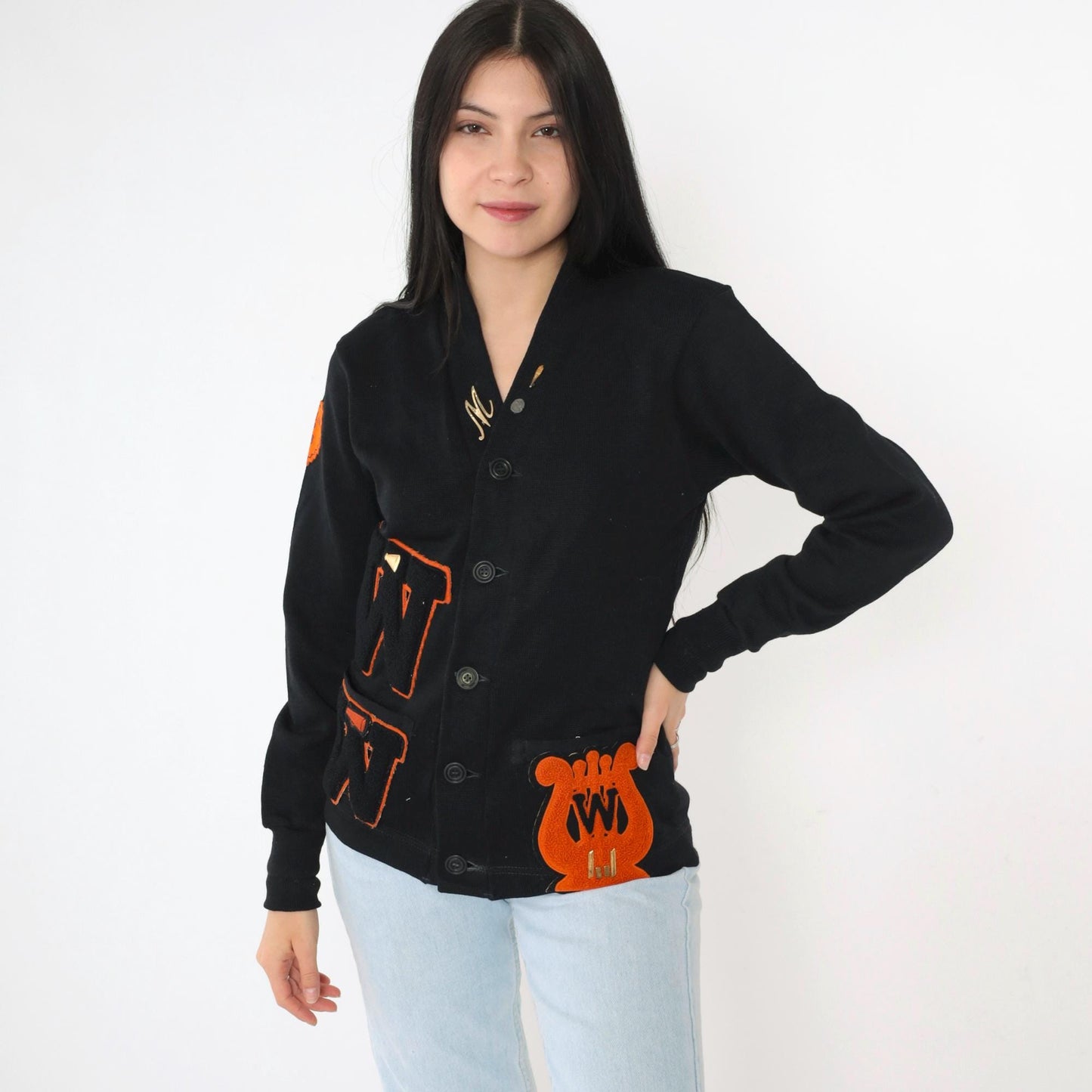 1950s Wilson Black Wool Varsity Cardigan Orange Chenille Patches Small