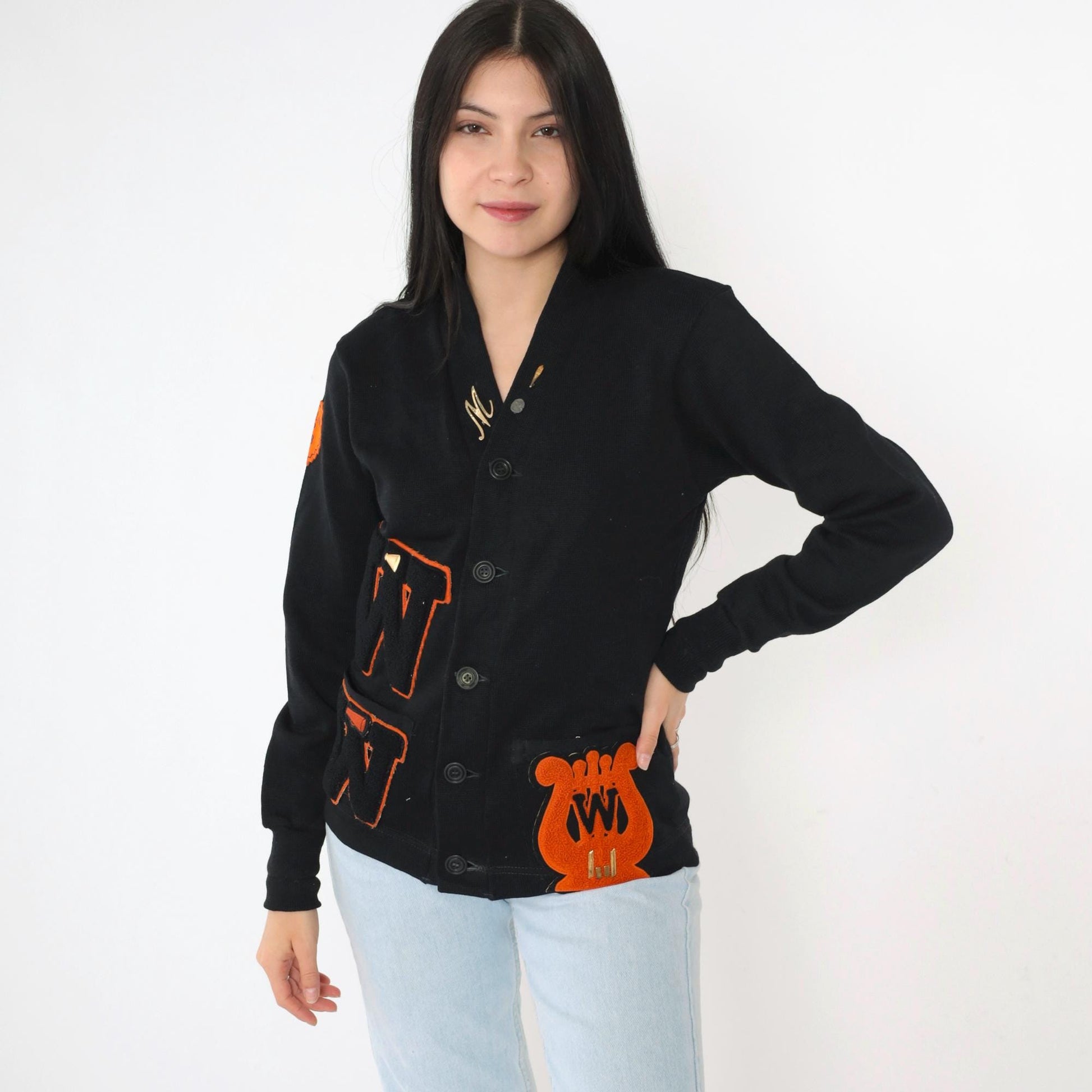 1950s Wilson Black Wool Varsity Cardigan Orange Chenille Patches Small