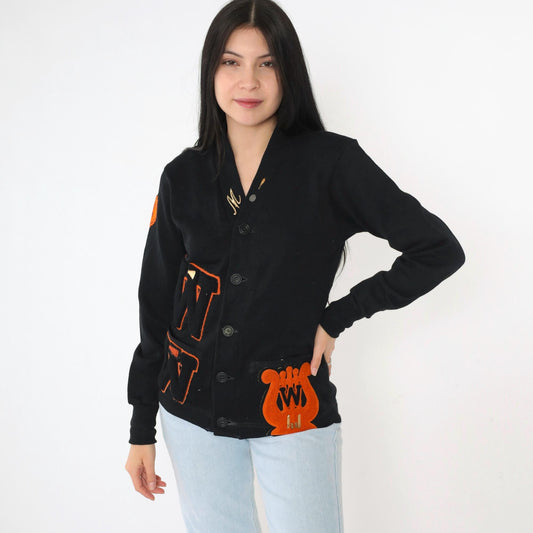 1950s Wilson Black Wool Varsity Cardigan Orange Chenille Patches Small