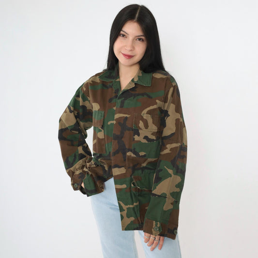 90s Woodland Camouflage Military Jacket Button Front Utility XSmall