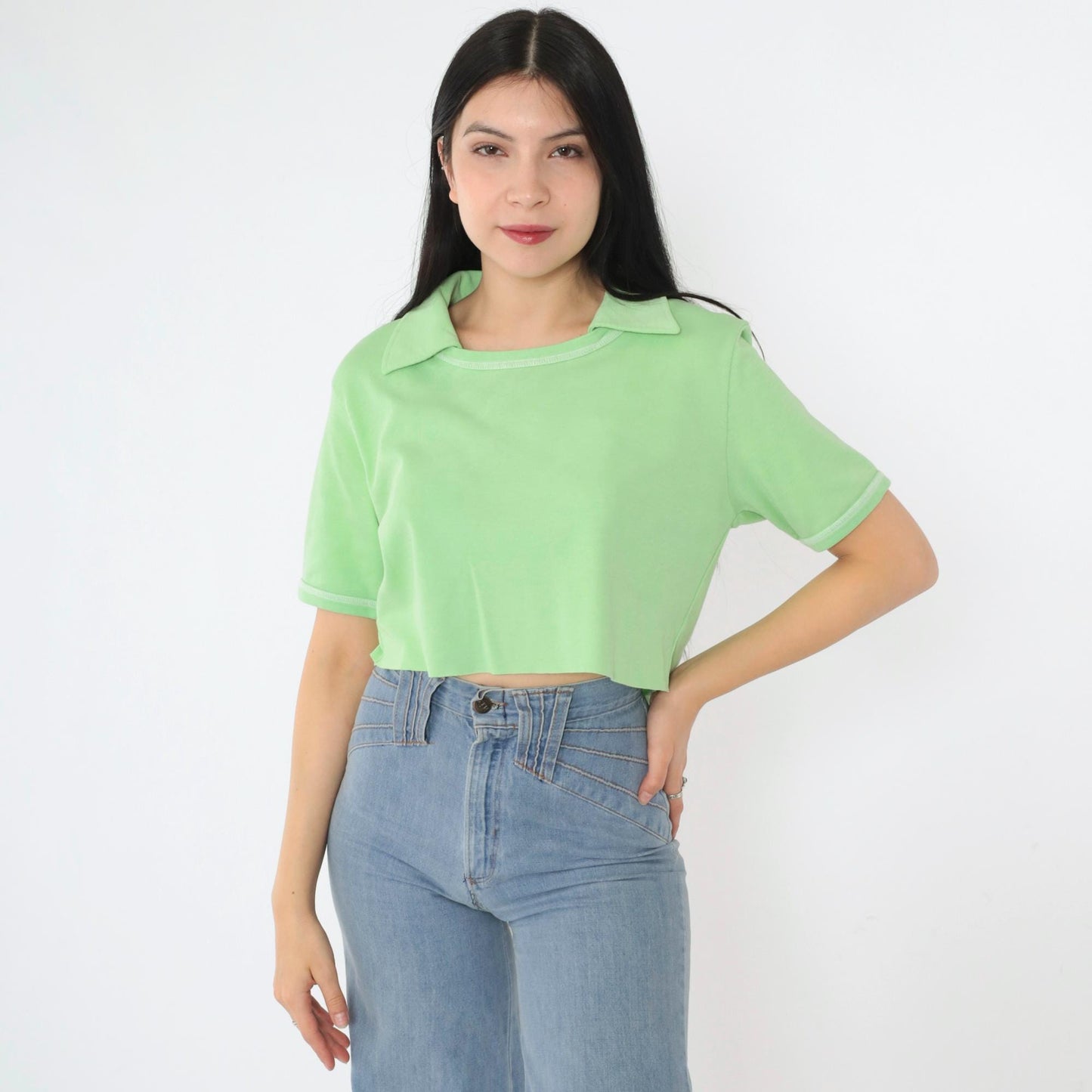 70s Mint Green Cropped Collared Blouse Short Sleeve Raw Hem Small Medium