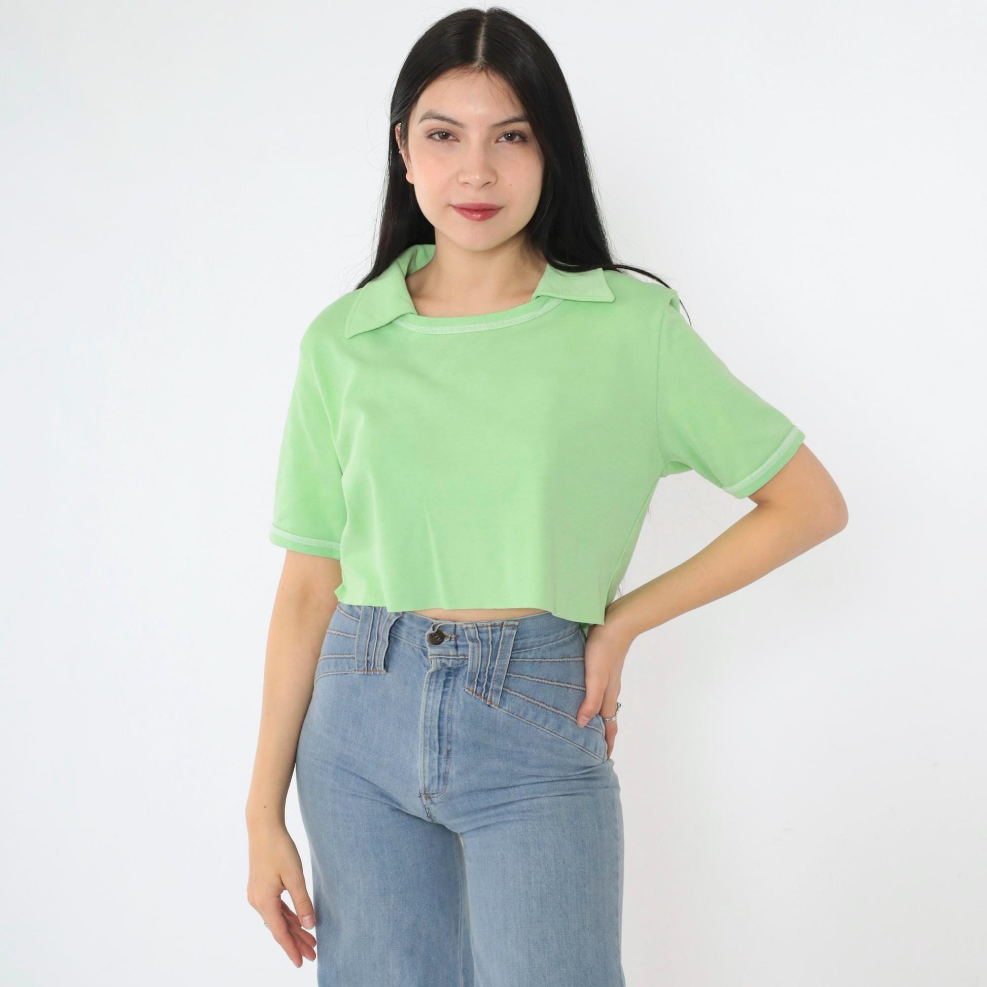 70s Mint Green Cropped Collared Blouse Short Sleeve Raw Hem Small Medium