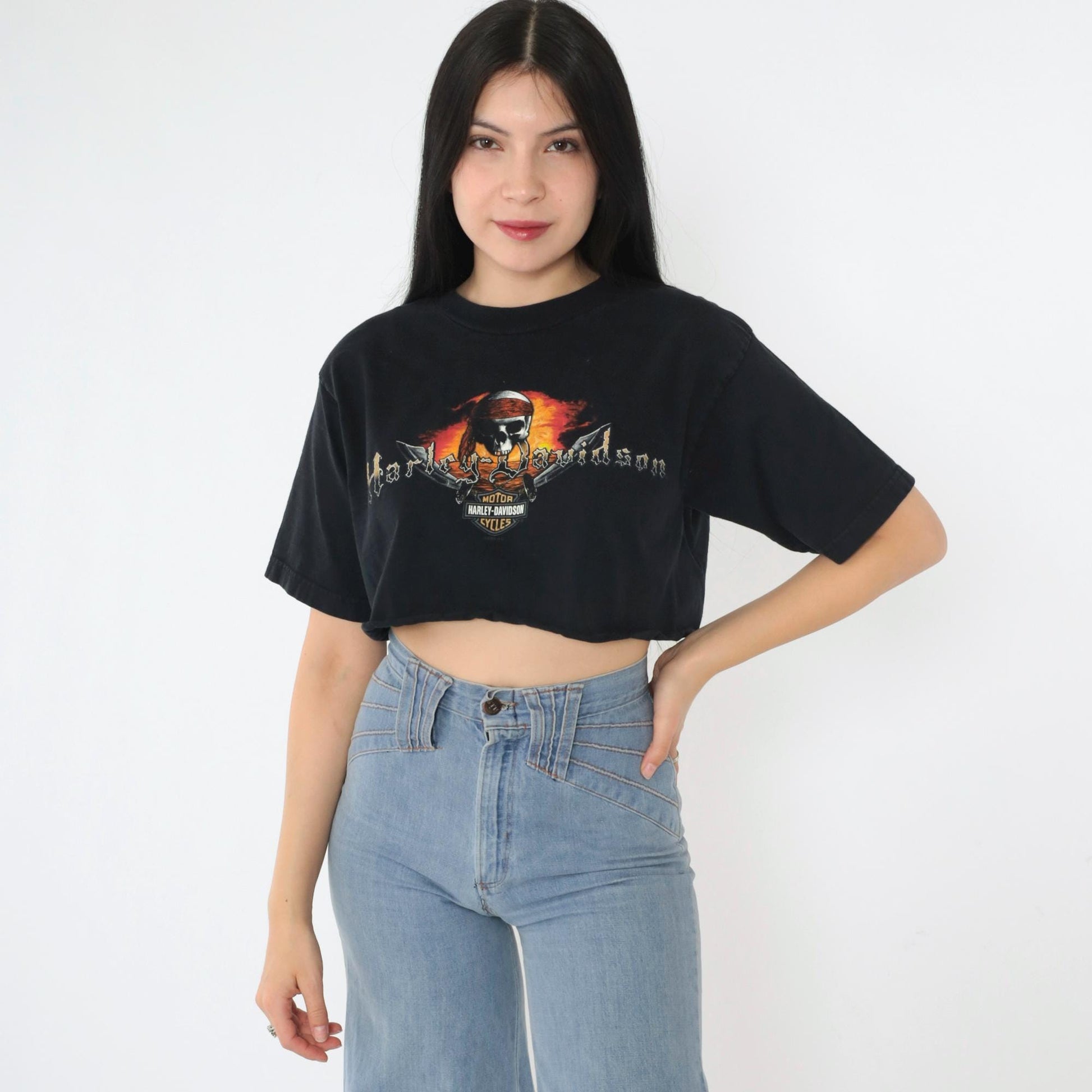 00s Harley Davidson Pirate Skull Crop Top Black Cotton Tee Medium M