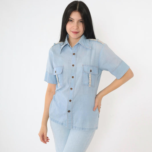70s Alfie California Chambray Shirt Blue Epaulette Button Up Small