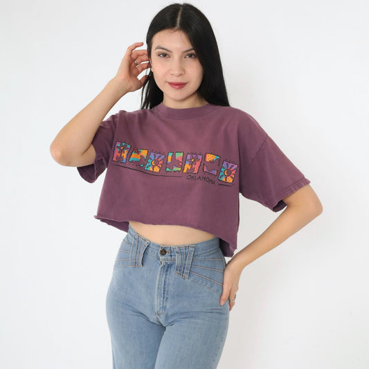 90s Oklahoma Floral Crop Top Burgundy Graphic T-Shirt Medium