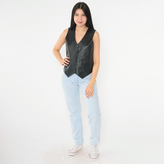 90s Black Leather Vest Snap Button Sleeveless Top Extra Small