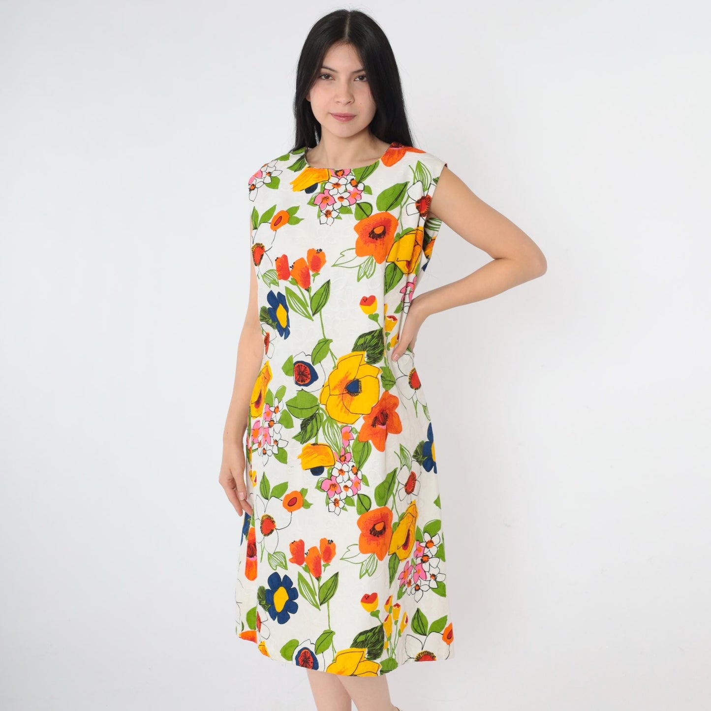 1960s Mod Floral A-Line Dress White Yellow Orange Green Sleeveless Large