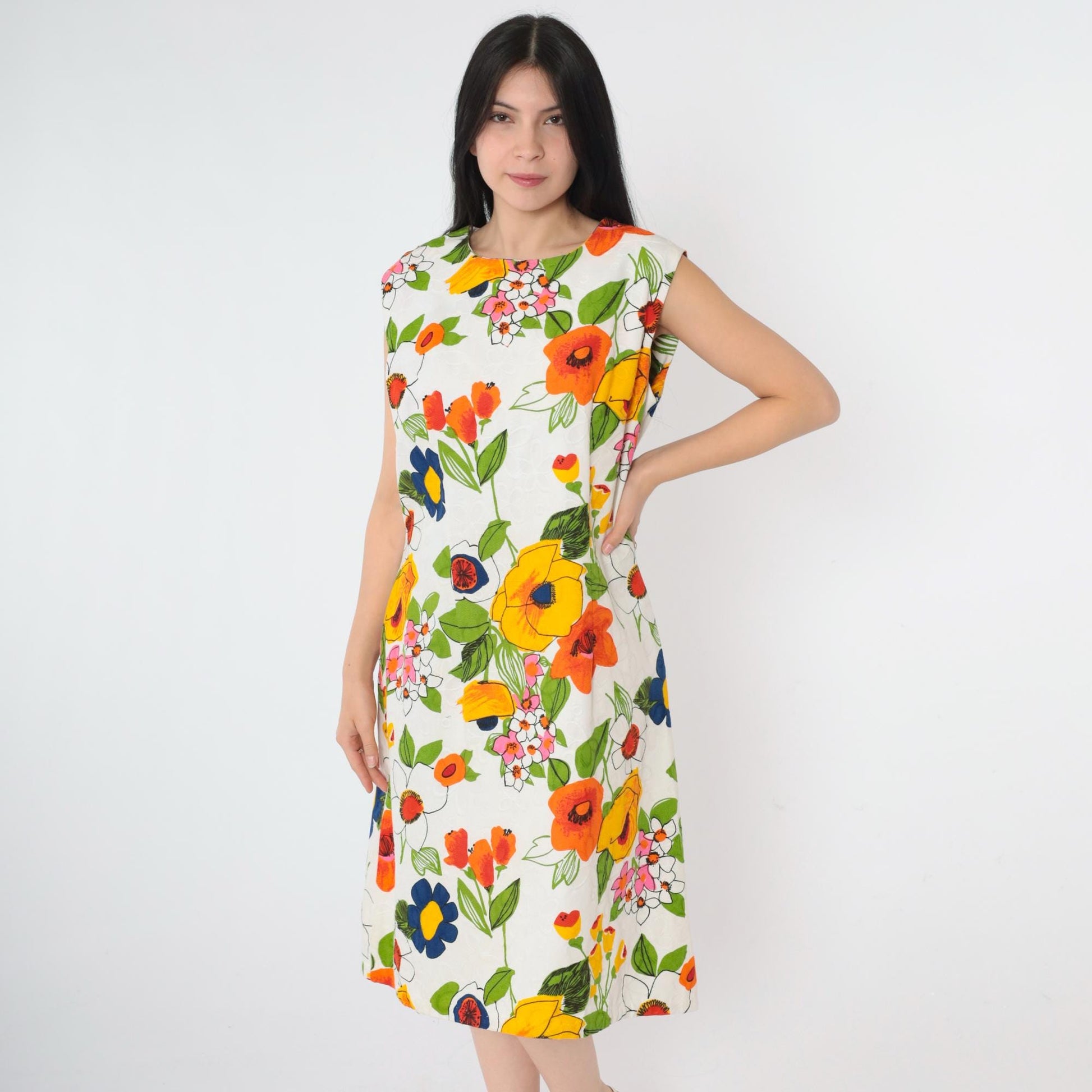 1960s Mod Floral A-Line Dress White Yellow Orange Green Sleeveless Large