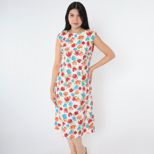 80s White Floral A-Line Dress Sleeveless Knee-Length Shift Small Medium