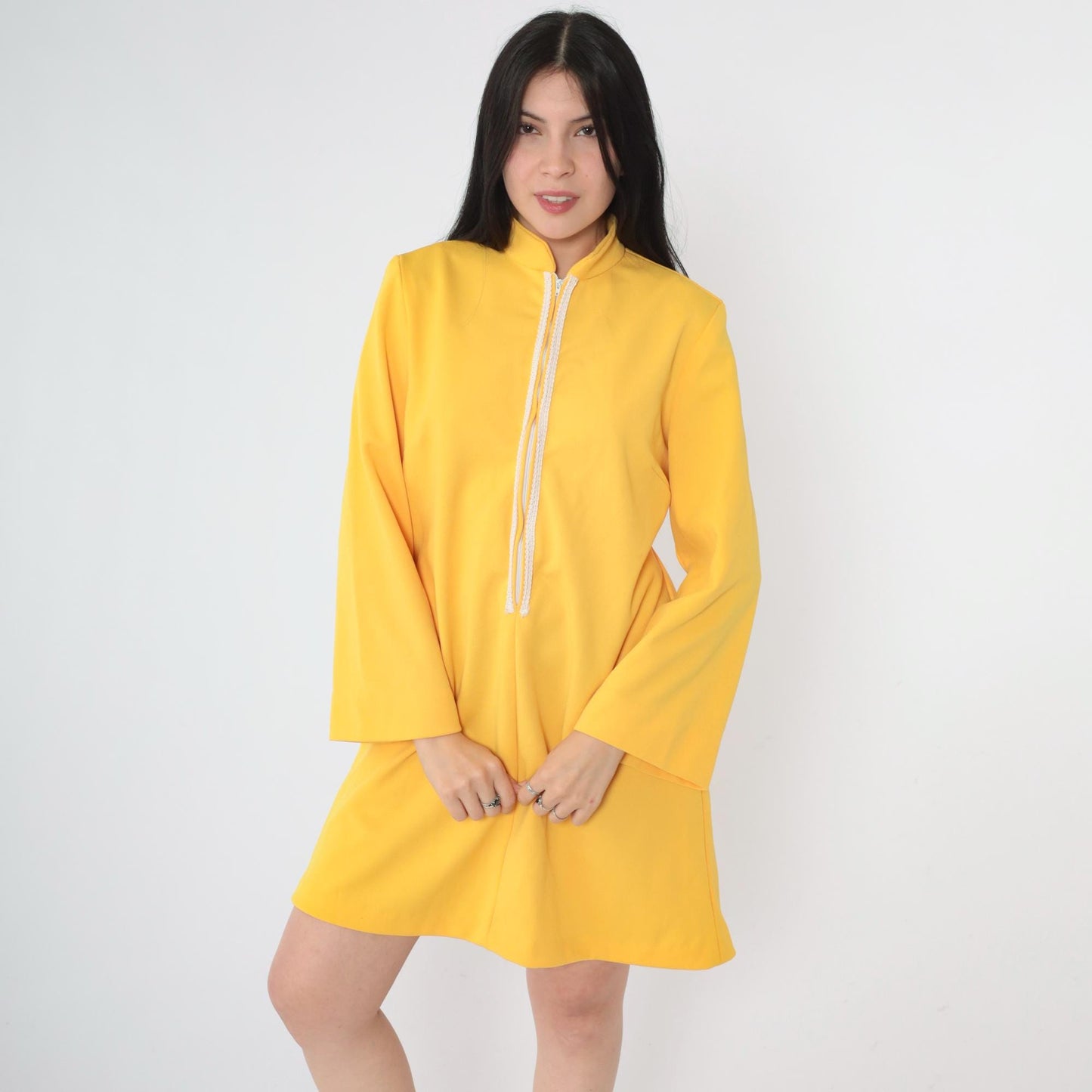 70s Yellow Mod Shift Dress Front Zip Wide Sleeve Mandarin Collar Mini Small