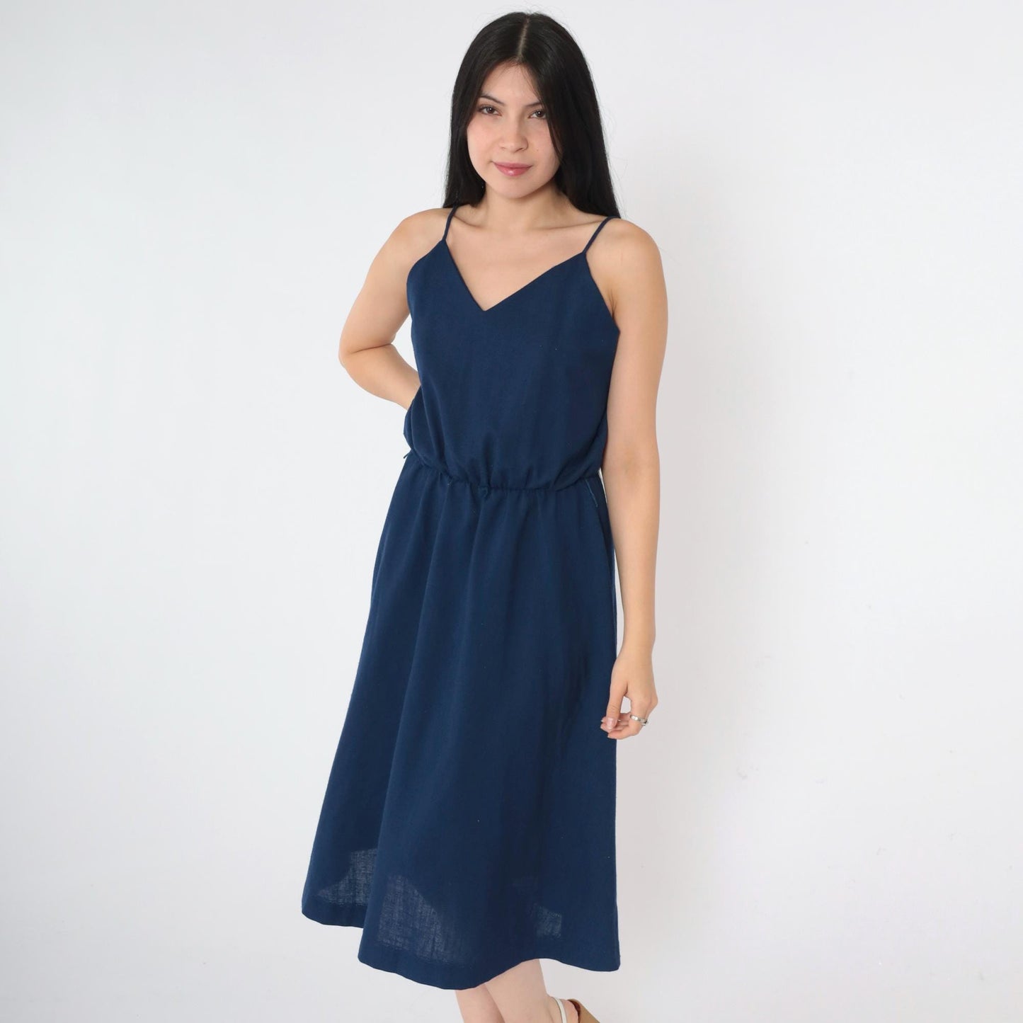 70s Navy Midi Sundress V-Neck Spaghetti Strap High Waist Small