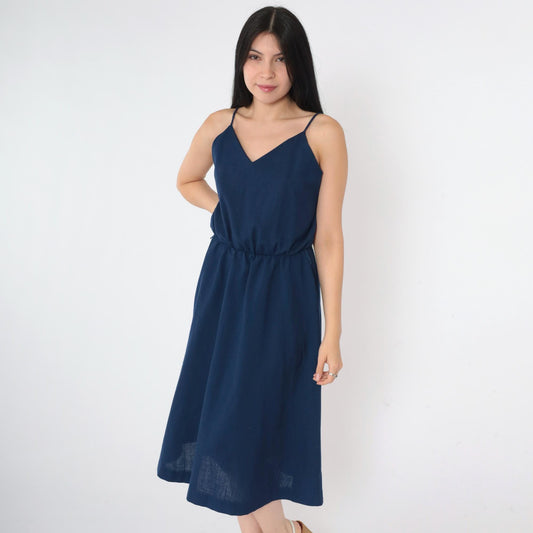70s Navy Midi Sundress V-Neck Spaghetti Strap High Waist Small
