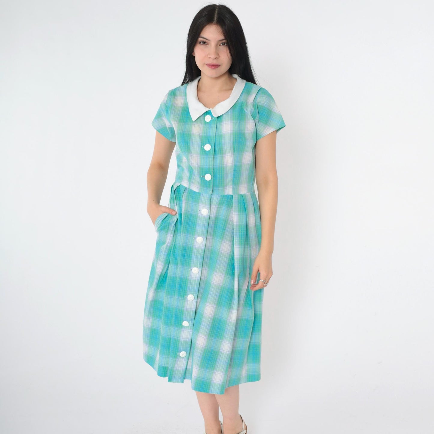 60s Plaid Button-Up Shirtdress High Waist Midi Blue Green Small S