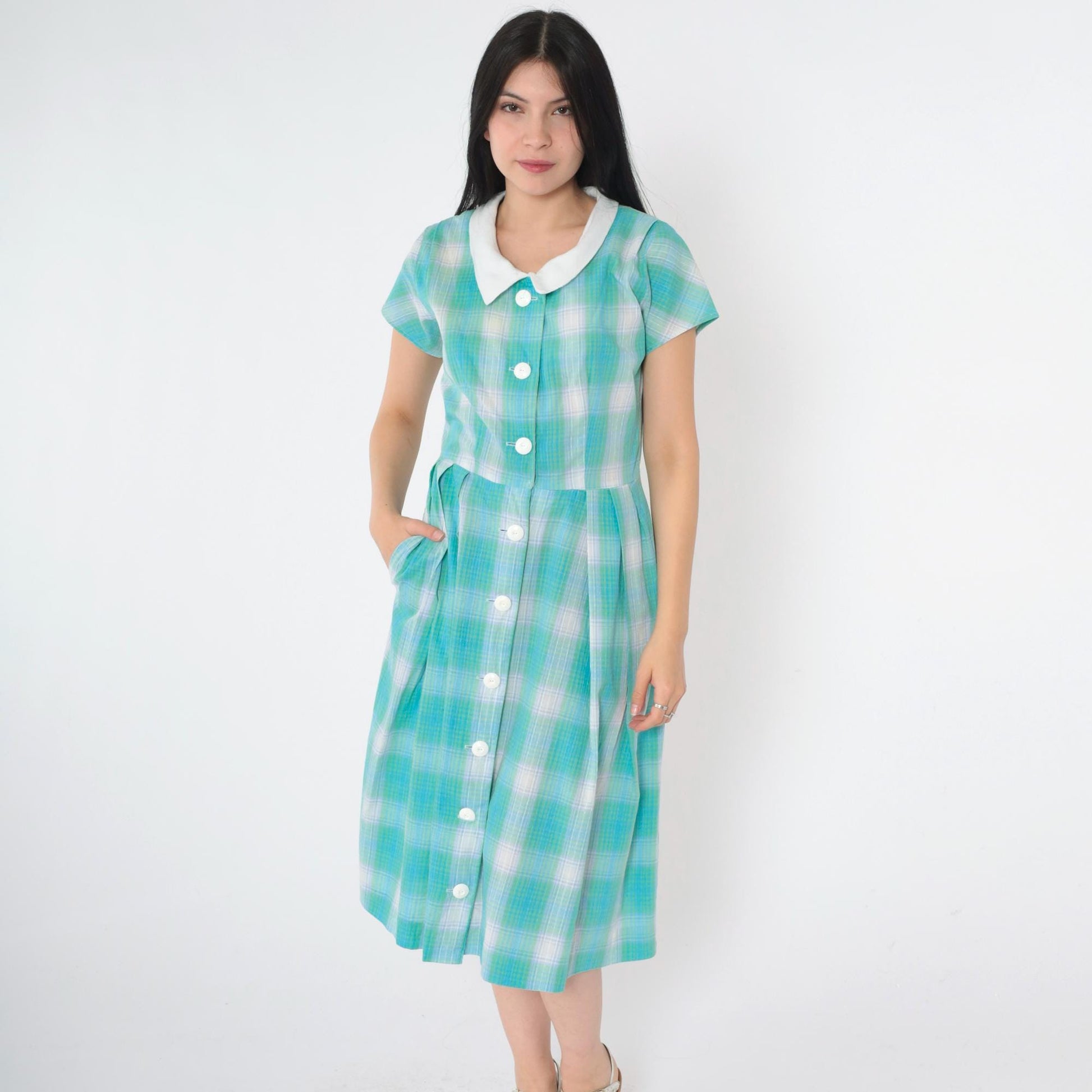 60s Plaid Button-Up Shirtdress High Waist Midi Blue Green Small S
