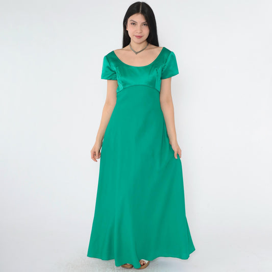 90s Kelly Green Satin Maxi Dress Empire Waist Rosette Low Back Small