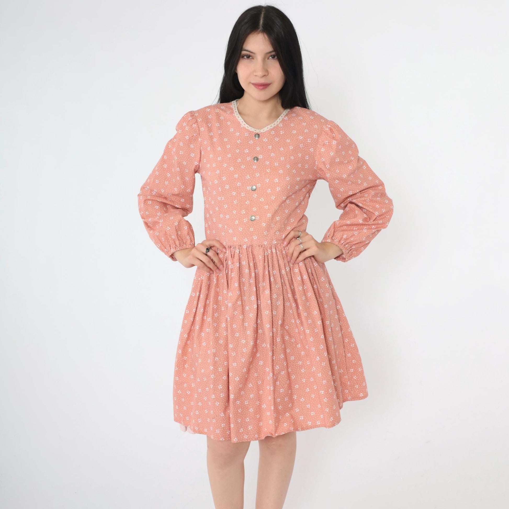 70s Peach Calico Floral Mini Dress Puff Sleeve High Waist Small