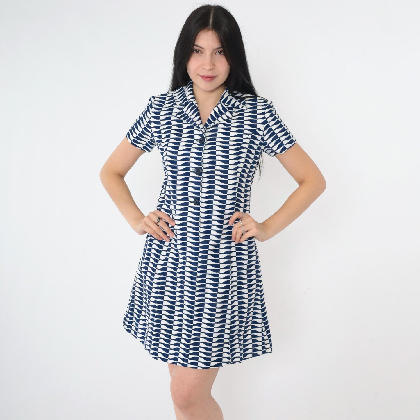60s Mod Mini Dress Op Art Print A-Line Button Up Navy White Small