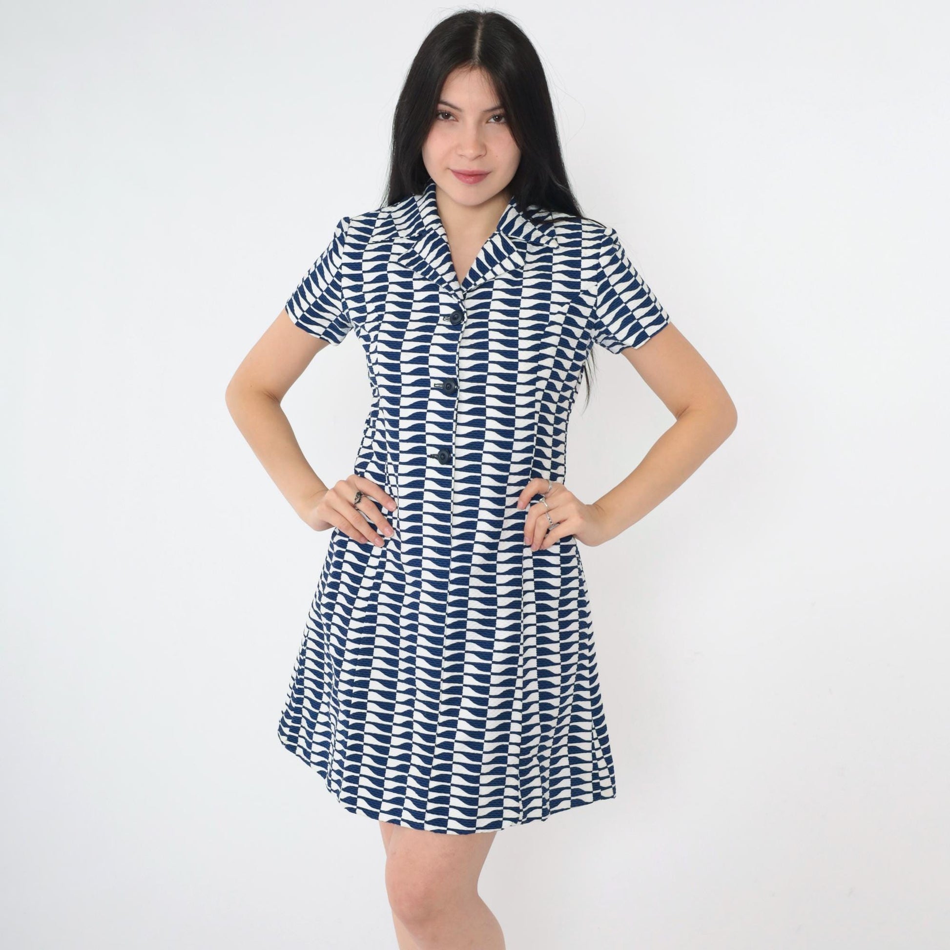 60s Mod Mini Dress Op Art Print A-Line Button Up Navy White Small