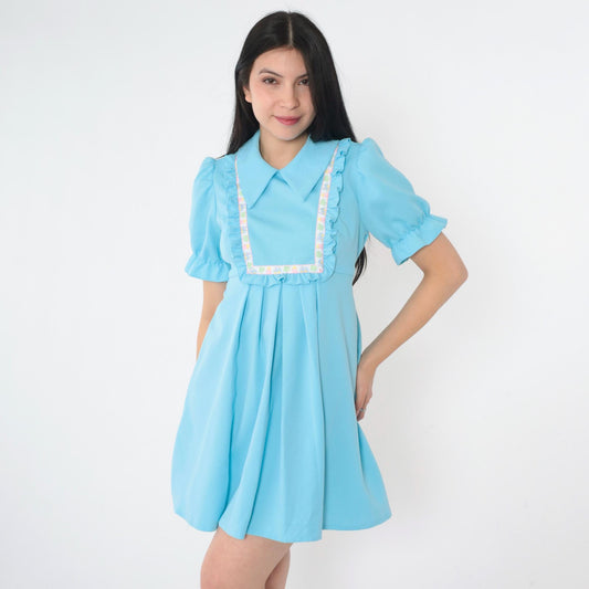 1970s Babydoll Mini Dress Empire Waist Puff Sleeve Blue Embroidered Bib Small