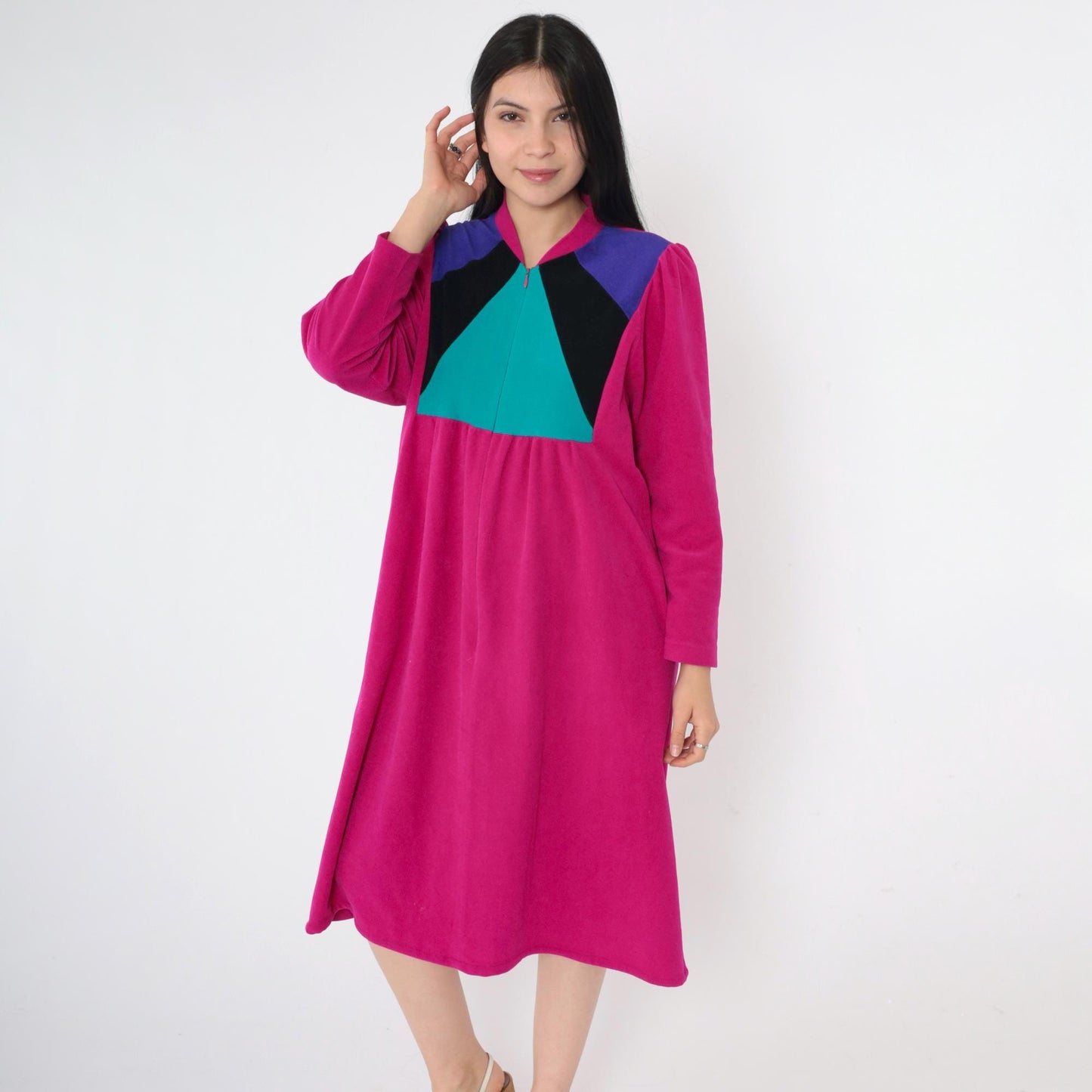 80s Vassarette Velour Lounge Dress Fuchsia Color Block Midi Zip Front Medium M