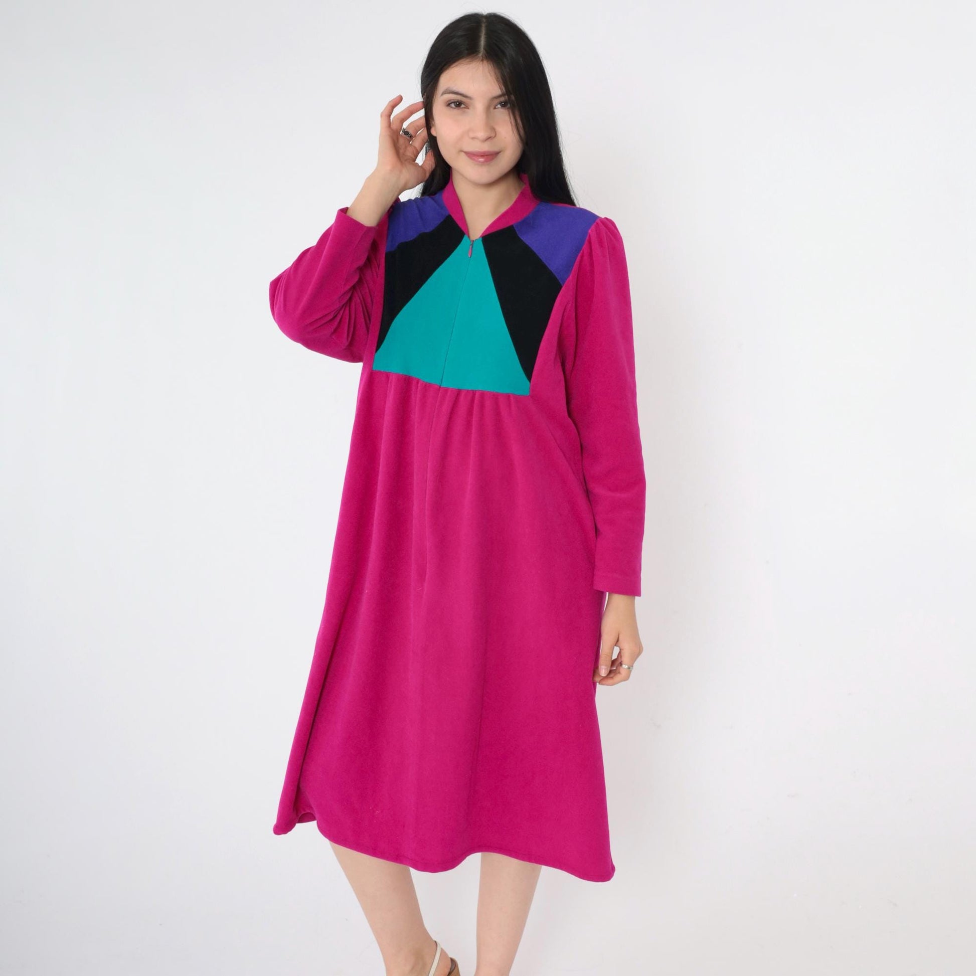 80s Vassarette Velour Lounge Dress Fuchsia Color Block Midi Zip Front Medium M